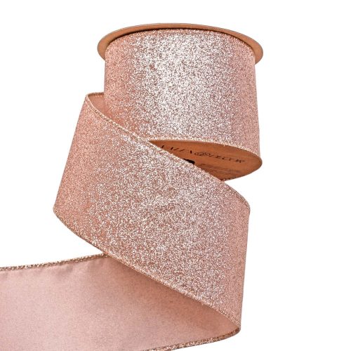 Trblietavá vianočná stuha s drôteným okrajom 63mm x 5m - Rose gold